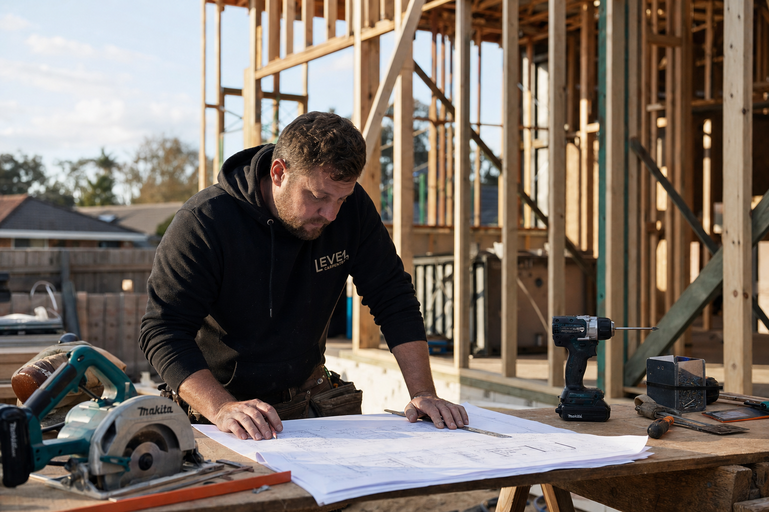 Beatcon builder reviewing construction plans on a Melbourne building site