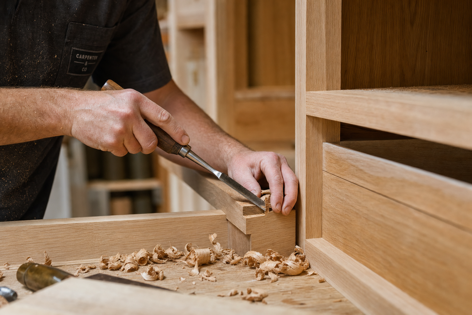 Expert carpentry detail showing precise timber joinery and custom cabinetry