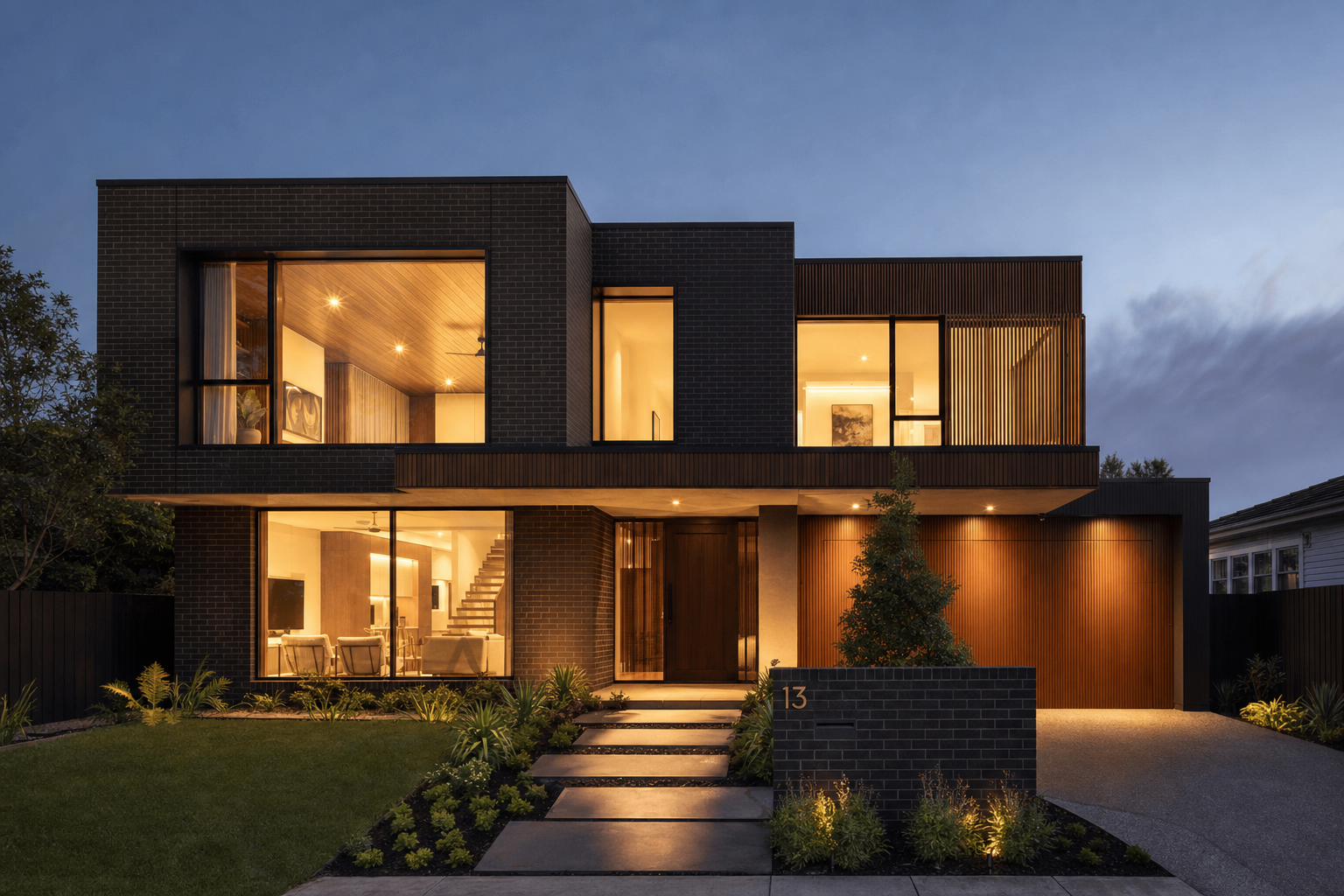 Newly built contemporary custom home in Melbourne at dusk