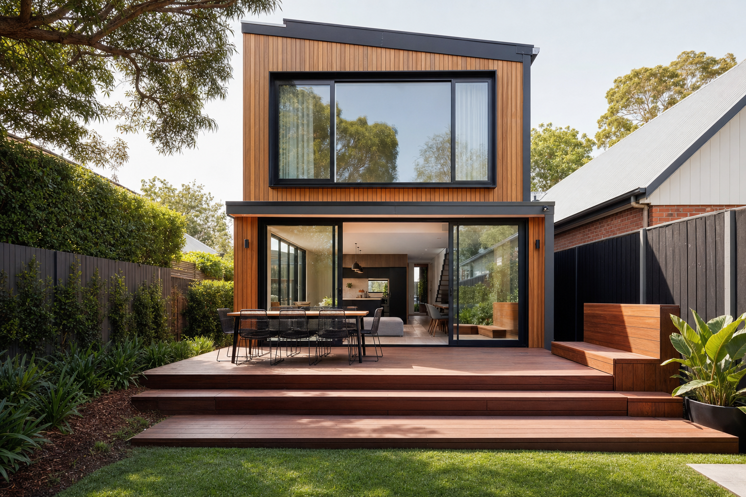 Completed modern double-storey home extension with timber cladding and glass doors